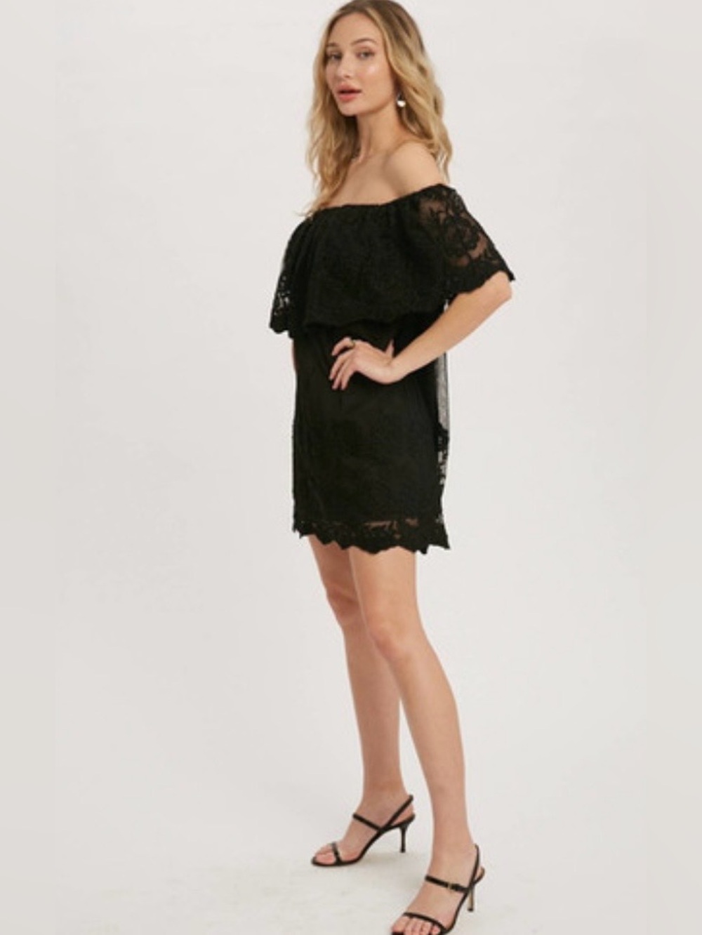 645. Bluivy Black Floral Lace Off-Shoulder Top Mini Dress